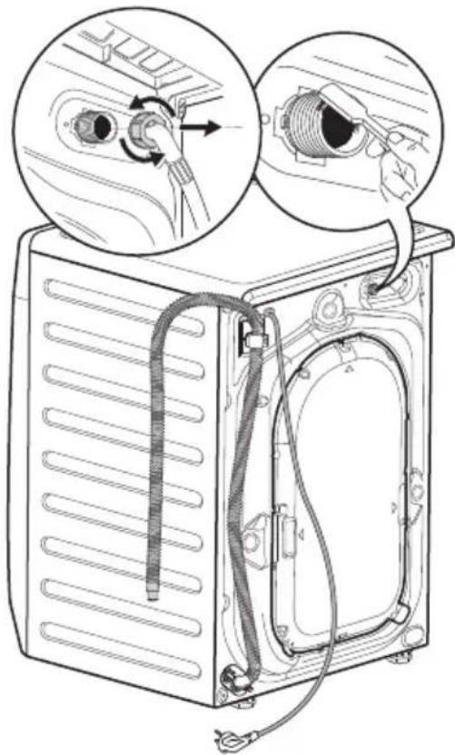 Diagram of a washing machine showing internal components and wiring, with two magnified views of the pipe connection (no text or labels present)