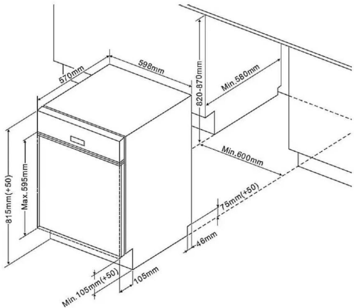 570mm 598mm 820-870mm Min.580mm 815mm(+50) Max.595mm Min.600mm 75mm(+50) 46mm Min.105mm(+50) 105mm