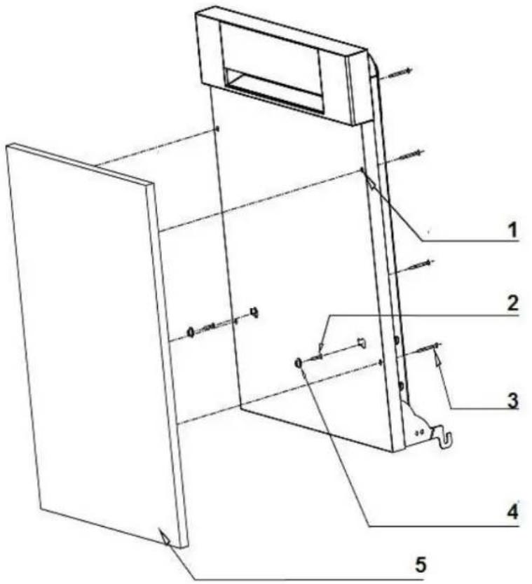 Technical diagram of a mechanical assembly with numbered components and directional arrows indicating motion or force