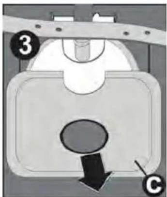 Diagram of a mechanical component with labeled parts 3 and C, showing a circular feature and directional arrow.