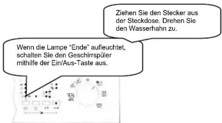 Wenn die Lampe "Ende" aufleuchtet, schalten Sie den Geschirrspüler mithilfe der Ein/Aus-Taste aus. Ziehen Sie den Stecker aus der Steckdose. Drehen Sie den Wasserhahn zu.