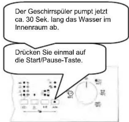 Der Geschirrspüler pumpt jetzt ca. 30 Sek. lang das Wasser im Innenraum ab. Drücken Sie einmal auf die Start/Pause-Taste.