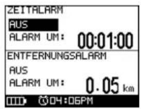 ZEITALARM AUS ALARM UM: 00:01:00 ENTFERNUNGSALARM AUS ALARM UM: 0.05 km 04:06PM