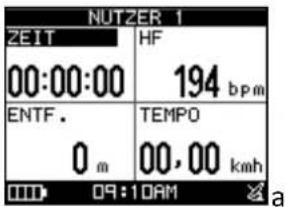 NUTZER 1 ZEIT HF 00:00:00 194 bpm ENTF. TEMPO 0 m 00,00 km/h 00:09:10AM