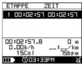 ETAPPE ZEIT 1 00:02:57 00:02:57 00:02:57.8 0 m 0.00k/h ---:__/km 15Cal 75bpm 03:33PM