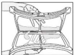 Line drawing of a hand using a tool to lift a curved mechanical component (no text or symbols)