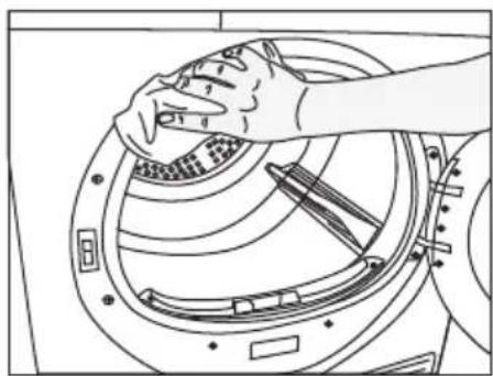 Line drawing of hands cleaning a washing machine drum (no text or symbols)