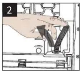 Hand inserting a component into a mechanical bracket (no text or symbols visible)