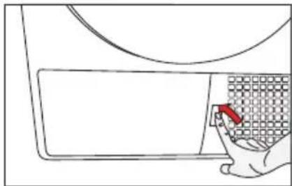 Line drawing of a hand opening a microwave oven with a red-handled lid (no text or symbols)