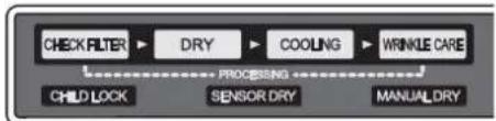 CHECK FILTER ▶ DRY ▶ COOLING ▶ WRINKLE CARE CHILD LOCK PROCESSING SENSOR DRY MANUAL DRY