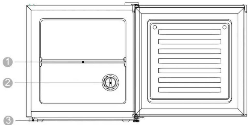 Technical diagram of a cabinet or oven with labeled components and structural details