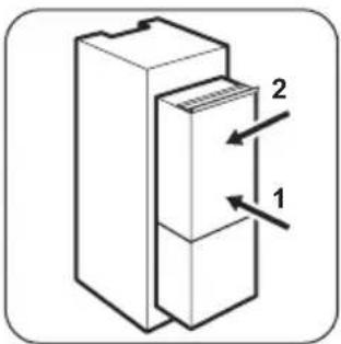 Diagram of a refrigerator with labeled parts 1 and 2, showing internal structure and directional arrows.