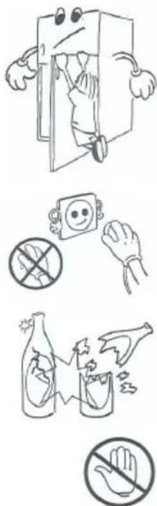 Illustration showing three safety symbols: a person opening a door, a hand holding a smiling face with a crossed-out prohibition sign, and another hand cleaning a bottle with a broken handle.