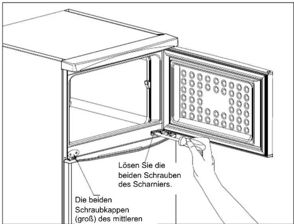 Lösen Sie die beiden Schrauben des Scharniers. Die beiden Schraubkappen (groß) des mittleren