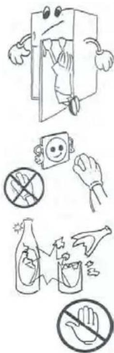 Illustration showing various types of hazardous items including a door, hand gesture, spray bottle, and hand gesture with prohibition signs.
