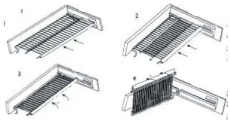Technical diagram showing four different types of heat exchanger or cooling unit designs with labeled components and directional arrows.