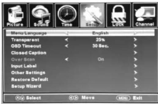 Picture Sound Time Setup Lock Channel Menu Language English Transparent 25% OSD Timeout 30 Sec. Closed Caption Over Scan On Input Label Other Settings Restore Default Setup Wizard Select Move MENU Exit