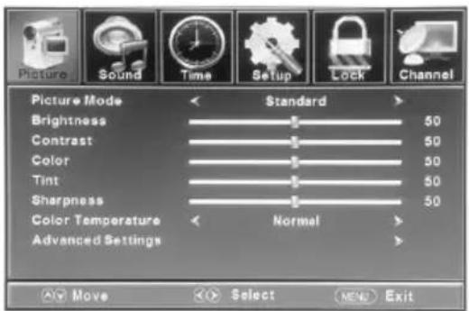 Picture Sound Time Setup Lock Channel Picture Mode Standard Brightness 50 Contrast 50 Color 50 Tint 50 Sharpness 50 Color Temperature Normal Advanced Settings Move Select MENU Exit