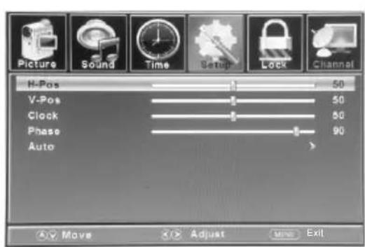 Picture Sound Time Setup Lock Channel H-Pos 50 V-Pos 50 Clock 50 Phase 90 Auto > ✓ Move ✓ Adjust Move Exit