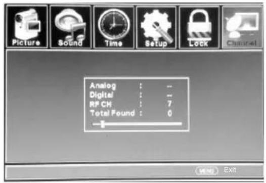 Picture Sound Time Setup Lock Channel Analog : -- Digital : -- RF CH : 7 Total Found : 0 Exit