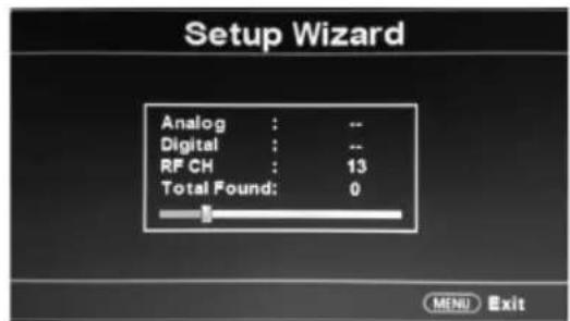 Setup Wizard Analog : -- Digital : -- RF CH : 13 Total Found: 0 MENU Exit