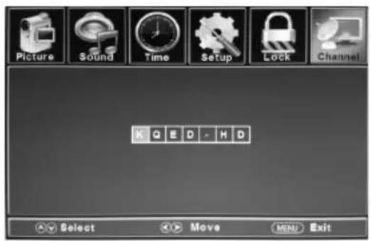Picture Sound Time Setup Lock Channel K Q E D - H D Select Move MENU Exit