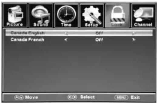 Picture Sound Time Setup Lock Channel Canada English Off Canada French Off Move Select MENU Exit