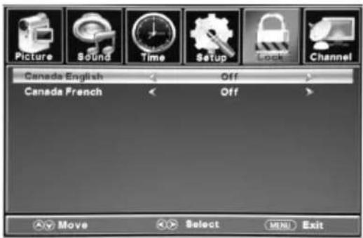Picture Sound Time Setup Lock Channel Canada English Off Canada French Off Move Select MENU Exit