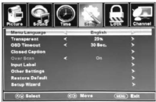 Picture Sound Time Setup Lock Channel Menu Language English Transparent 25% OSD Timeout 30 Sec. Closed Caption Over Scan On Input Label Other Settings Restore Default Setup Wizard Select Move MENU Exit