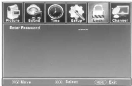 Picture Sound Time Setup Lock Channel Enter Password Move Select MENU Exit
