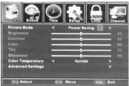 Picture Sound Time Setup Lock Channel Picture Mode Power Saving Brightness 50 Contrast 50 Color 50 Tint 50 Sharpness 50 Color Temperature Normal Advanced Settings Select Move MENU Exit