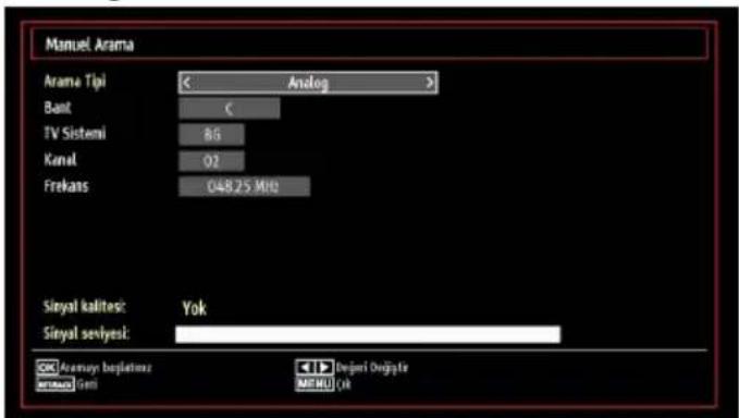 Manuel Arama Arama Tipi Analog Bant C TV Sistemi 86 Kanal 02 Frekans 048.25 M10 Sinyal kalites: Yok Sinyal sevyes: Aramun boşlatmaz Dajari Duglafte Goli MENU: Cok