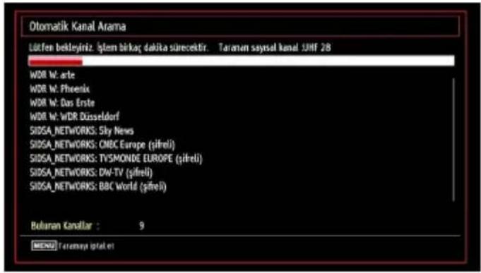 Otomatik Kanal Arama Lütfen belteyiriz: İştem birkaç dabita sürecektir. Taranan saysal kanal UHF 28 WDR W: arte WDR W: Phoenix WDR W: Das Erste WDR W: WDR Düsseldorf SIDSA_NETWORKS: Sky News SIDSA_NETWORKS: CMEC Europe (Şifreli) SIDSA_NETWORKS: TVSMONDE EUROPE (Şifreli) SIDSA_NETWORKS: DW-TV (Şifreli) SIDSA_NETWORKS: BBC World (Şifreli) Bulunan Kanallar : 9 MENU: Paramaya iptak et