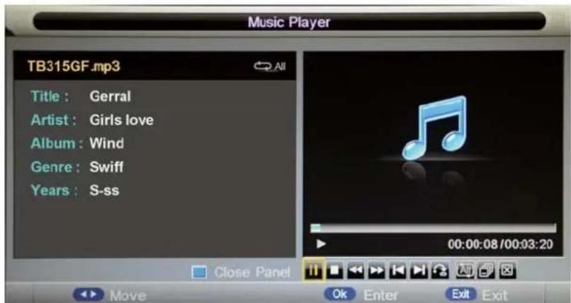 Music Player TB315GF.mp3 Title : Gerral Artist : Girls love Album : Wind Genre : Swiff Years : S-ss 00:00:08 /00:03:20 Close Panel Move Ok Enter Exit Exit