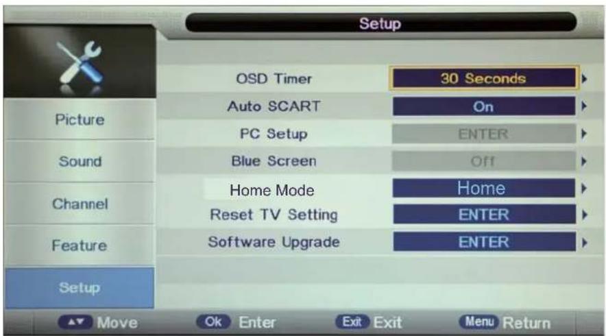 Setup OSD Timer 30 Seconds Auto SCART On PC Setup ENTER Blue Screen Off Home Mode Home Reset TV Setting ENTER Software Upgrade ENTER Setup Move Ok Enter Exit Exit Menu Return
