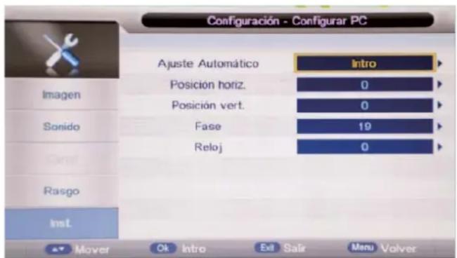 Configuración - Configurar PC Ajuste Automático Imagen Posición horiz. Posición vert. Sonido Fase Reloj Inst. Intro 0 0 19 0 Mover Ok Intro Exit Sair Menu Volver