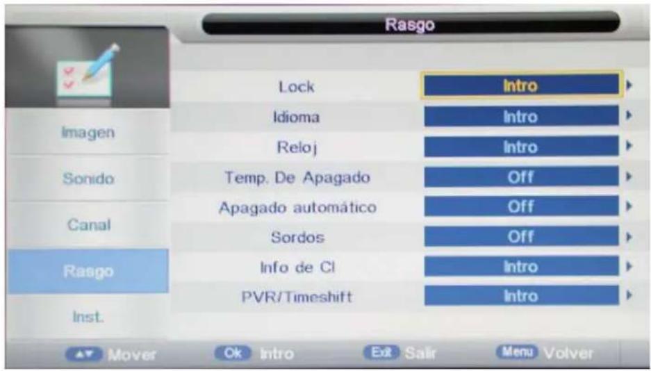 Rasgo Lock Idioma Reloj Temp. De Apagado Apagado automático Sordos Info de Cl PVR/Timeshift Intro Intro Intro Off Off Intro Intro Mover Ok Intro Exit Salir Menu Volver