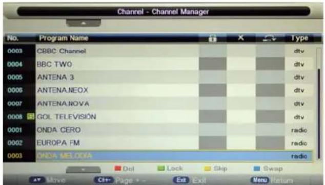 Channel - Channel Manager No. Program Name X Type 0003 CBBC Channel dtv 0004 BBC TWO dtv 0005 ANTENA 3 dtv 0006 ANTENA NEOX dtv 0007 ANTENA NOVA dtv 0008 GOL TELEVISION dtv 0001 ONDA CERO radio 0002 EUROPA FM radio 0003 ONDA MELODA radio