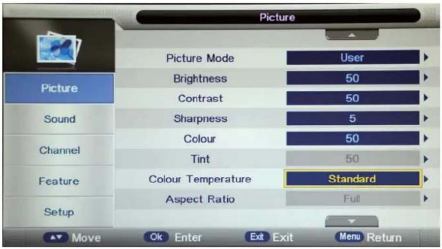Picture Picture Mode User Brightness 50 Contrast 50 Sharpness 5 Colour 50 Tint 50 Colour Temperature Standard Aspect Ratio Full Move Ok Enter Exit Exit Menu Return