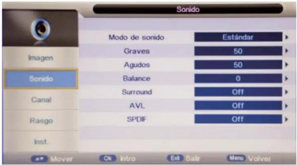 Sonido Imagen Sonido Canal Rasgo Inst. Modo de sonido Estándar Graves 50 Agudos 50 Balance 0 Surround Off AVL Off SPDIF Off Mover Ok Intro Exit Sair Menu Volver