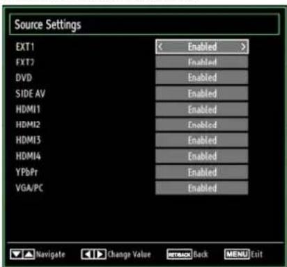 Source Settings EXT1 EXT2 DVD SIDE AV HDMI1 HDMI2 HDMI3 HDMI4 YPbPr VGA/PC Enabled Enabled Enabled Enabled Enabled Enabled Enabled Enabled Enabled Navigate Change Value Back MENU Exit