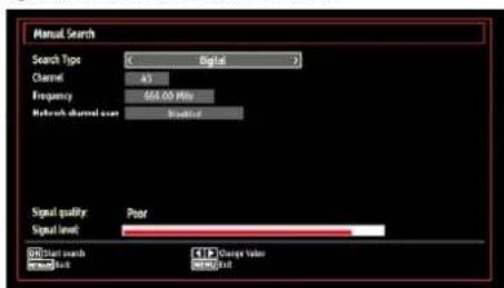 Manual Search Search Type: C Digital > Channel: 43 Frequency: 622.00 MHz Network channel user: Involved Signal quality: Poor Signal level: Start search Change Value Exit