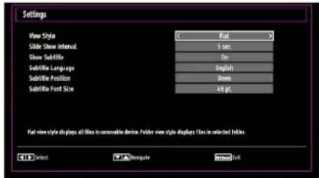 Settings View Style 5 sec. Show Subtile On Subtile Language English Subtile Position Brown Subtile Font Size 4.6 pt. Flat view style displays all files to removable devices. Folder view style displays file is selected folder. OK Select Navigate send out
