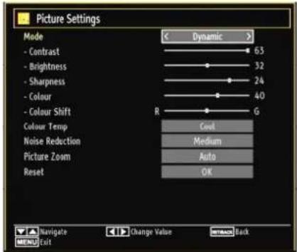 Picture Settings Mode - Contrast - Brightness - Sharpness - Colour - Colour Shift Colour Temp Noise Reduction Picture Zoom Reset Dynamic 63 32 24 40 R G Cool Medium Auto OK Navigate Change Value STRAWB Back MENU Exit