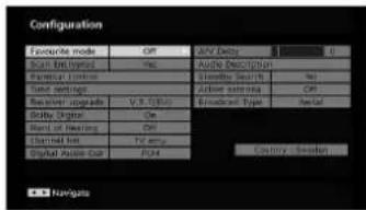 Configuration Favorite mode: OP Audio Delay: 0 Scan Embrance: Yes Audio Description Search Limit: Audio Search: No Send Settings: Color Mode: Receiver upgrade: V.5, RGB Embeant Type: Serial Betty Digital: On Band of Heating: Off Channel Rate: Toany Digital Audio Gain: PMR Circuit Breakdown