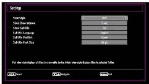 Settings View Style 5 sec Show Subtile On Subtile Language English Subtile Position Down Subtile Font Size 40 pt. Fol view style displays all files in immovable design. Folter view style displays files in selected folders. CITD Select Navigate Ctrl Find