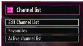 Channel list Edit Channel List Favourites Active channel list