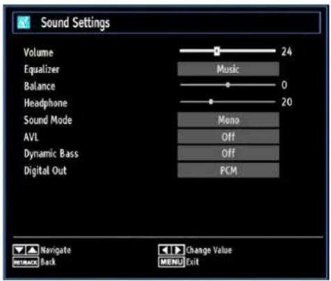 Sound Settings Volume 24 Equalizer Music Balance 0 Headphone 20 Sound Mode Mono AVL Off Dynamic Bass Off Digital Out PCM Navigate Back Change Value MENU Exit