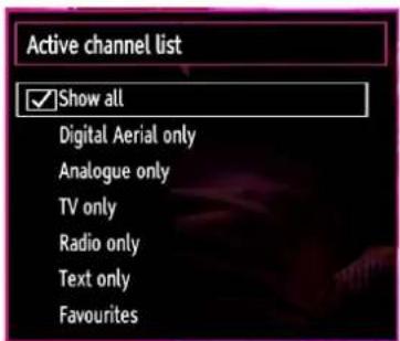 Active channel list ✓Show all Digital Aerial only Analogue only TV only Radio only Text only Favourites