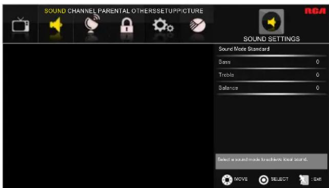 SOUND CHANNEL PARENTAL OTHERSSETUPPICTURE RCA SOUND SETTINGS Sound Mode Standard Base 0 Treble 0 Balance 0 Select a sound mode to follow local sound. MOVE SELECT : Exit